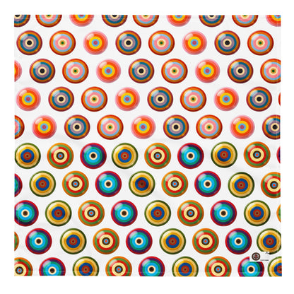 A square bandana featuring a repeating pattern of colorful circular target motifs on a white background.