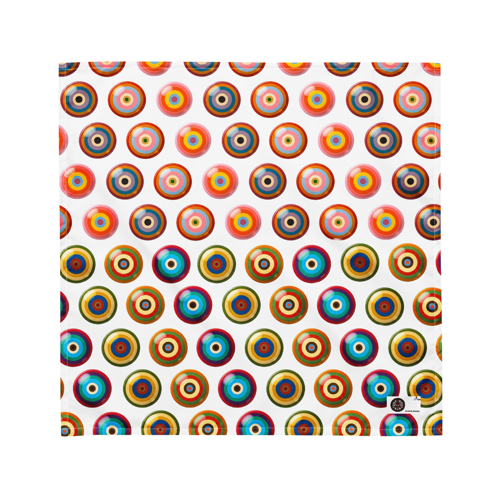 A bandana featuring a repeating pattern of colourful evil eye motifs on a white background.