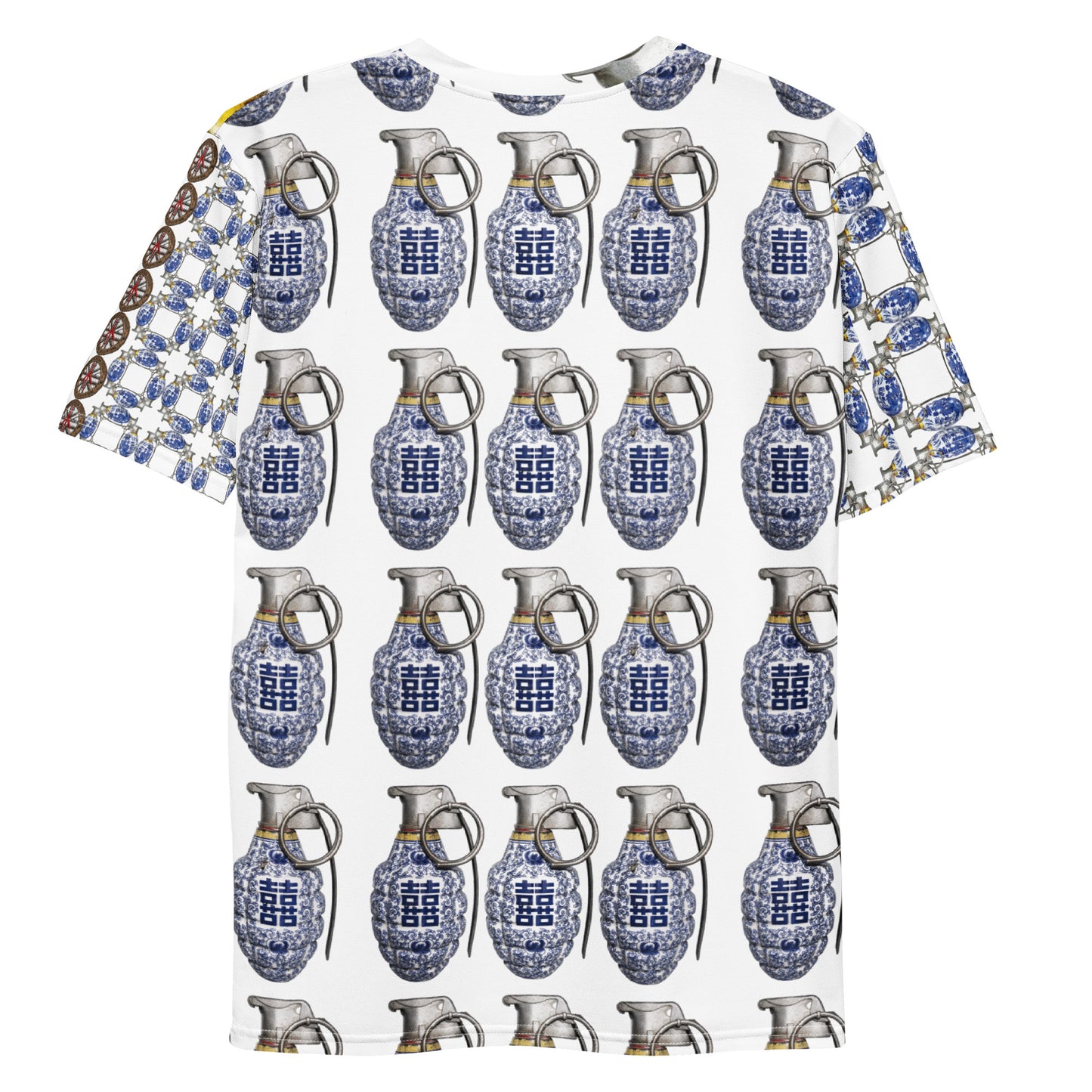 A white short-sleeve t-shirt featuring a repeating pattern of blue and white porcelain grenades with Chinese double happiness symbols, and a blue and white floral pattern on the sleeves.