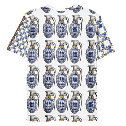 A white short-sleeve t-shirt featuring a repeating pattern of blue and white porcelain grenades with Chinese double happiness symbols, and a blue and white floral pattern on the sleeves.