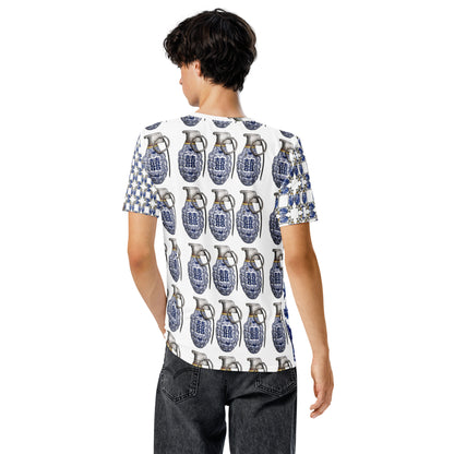 A man shown from the back wearing a white short-sleeve t-shirt with a blue and white double-happiness grenade pattern, paired with dark gray jeans, against a plain white background.