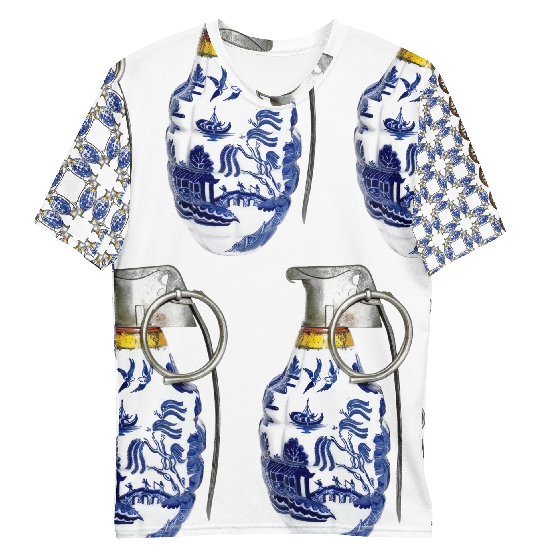 A white short-sleeve t-shirt featuring a blue and white porcelain-style print of hand grenades., Four large hand grenades on the front.