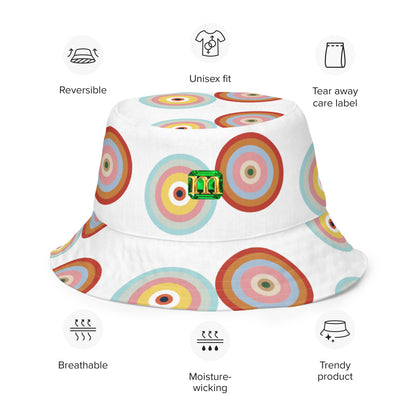 Colorful bucket hat with circular patterns and a logo, featuring text labels on a white background.