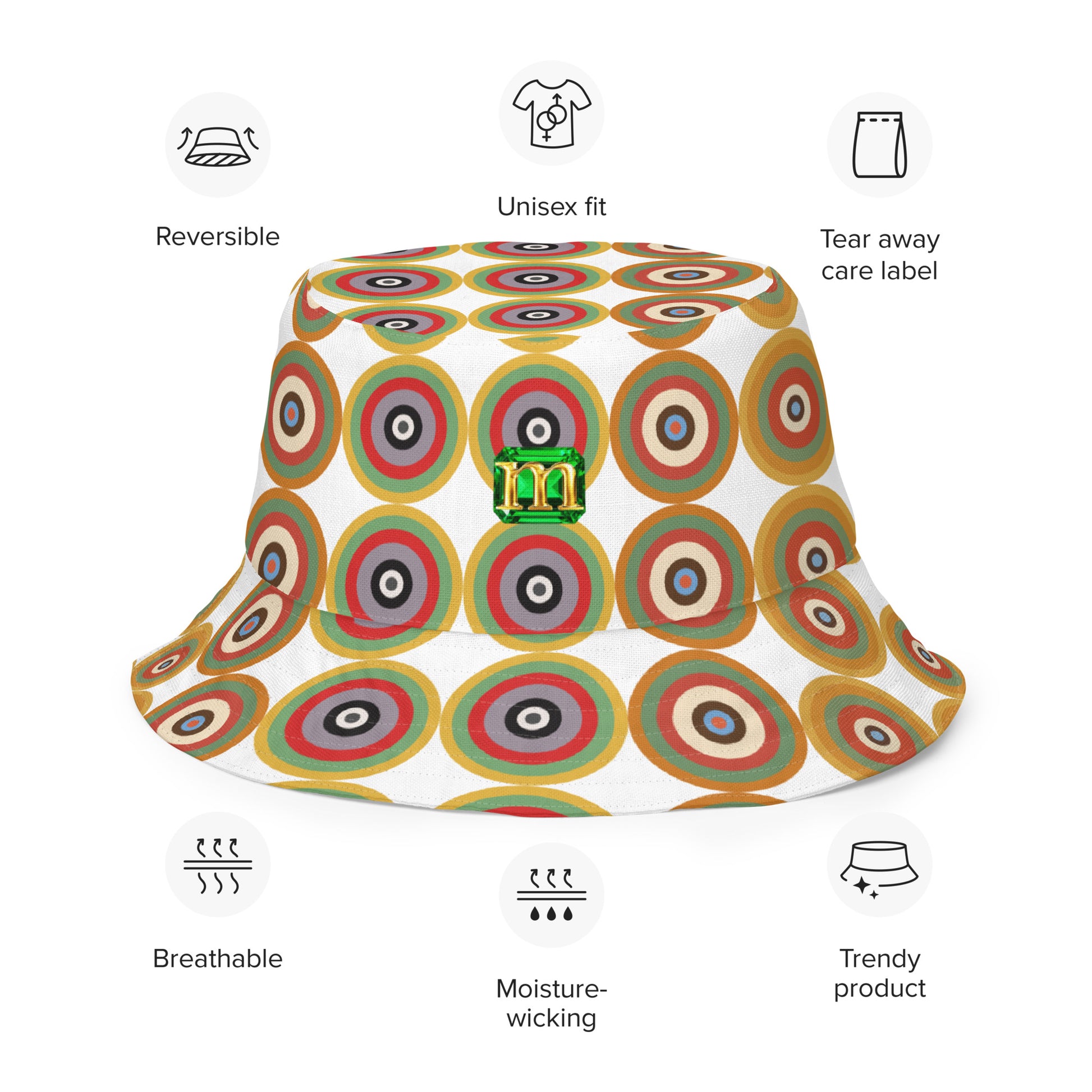 A bucket hat featuring a retro circular target pattern on the crown in shades of green, red, brown, and beige on a white background, with a colorful geometric pattern on the inside. Reversible and breathable.