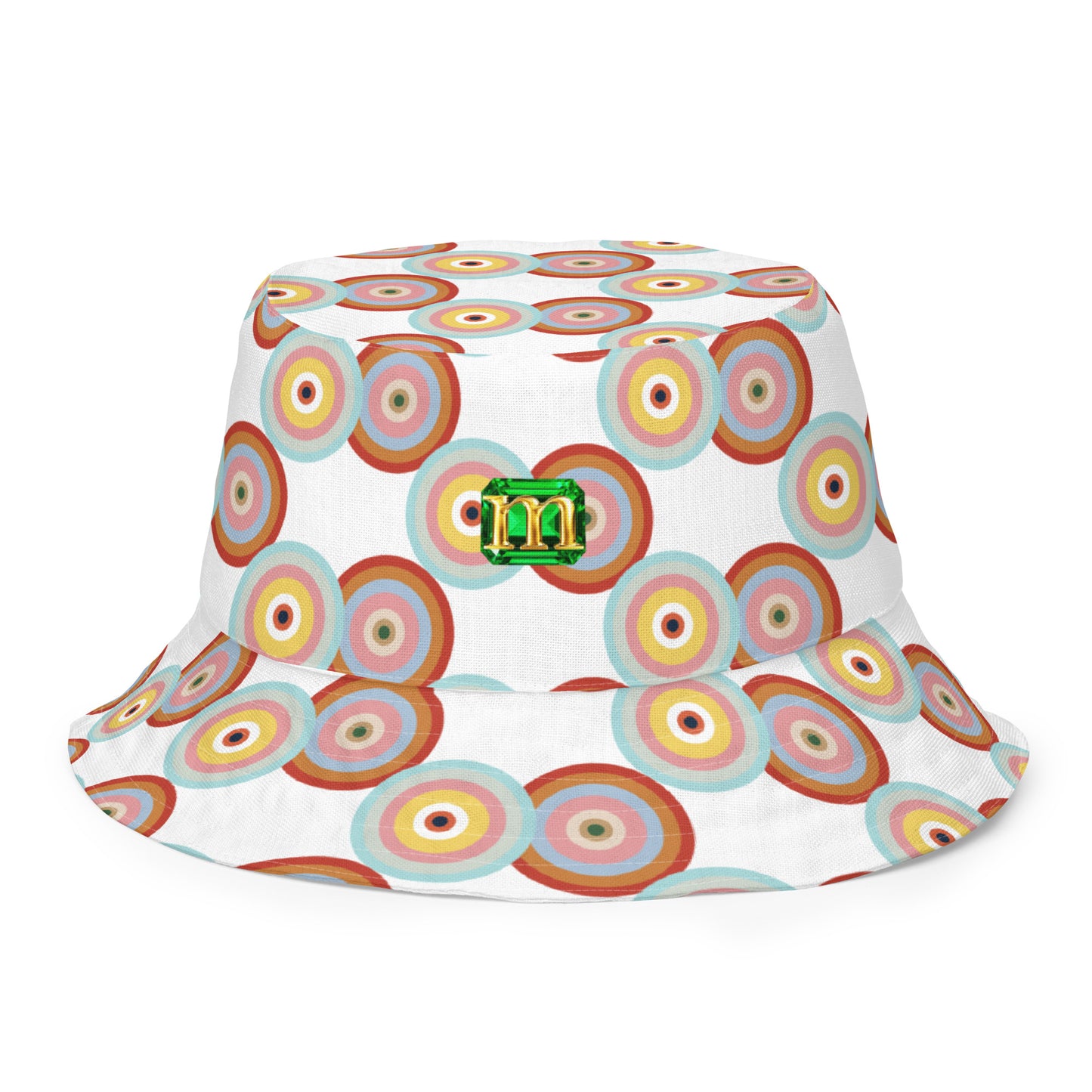 Bucket hat with colorful circular pattern on a white background