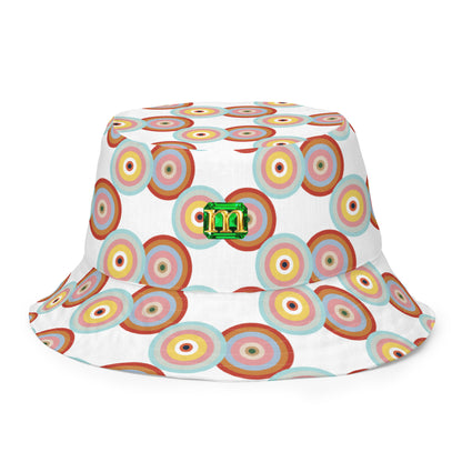 Bucket hat with colorful circular pattern on a white background