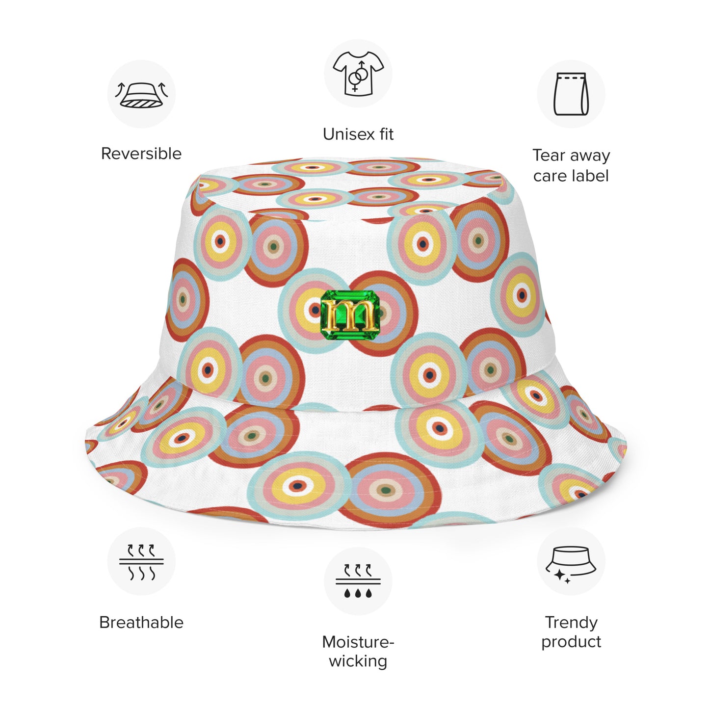 Colorful bucket hat with a brand logo on a white background, featuring icons and text about product features.