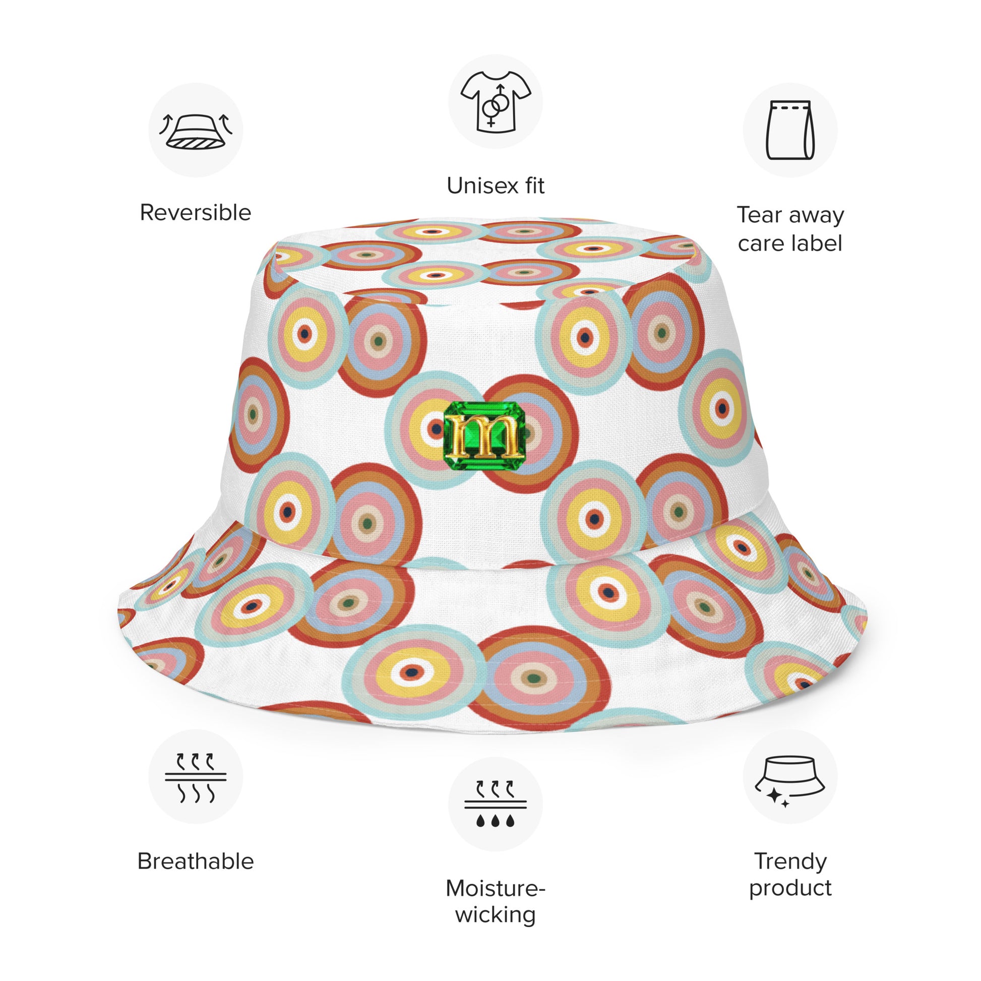 Colorful bucket hat with a brand logo on a white background, featuring icons and text about product features.