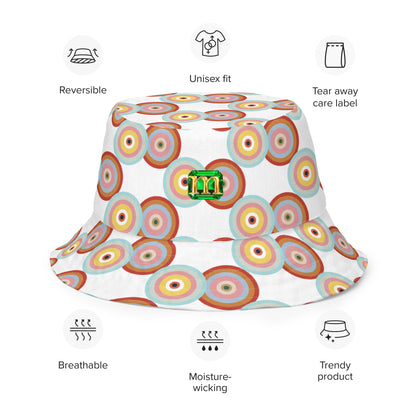 Colorful bucket hat with a brand logo on a white background, featuring icons and text about product features.