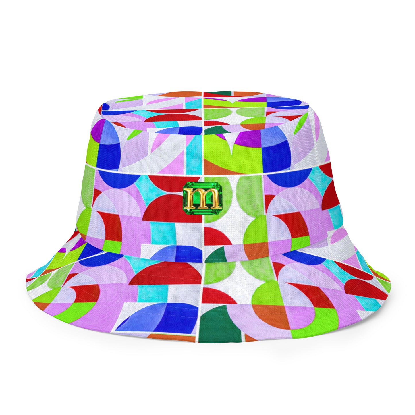 Colorful bucket hat with geometric pattern on a white background