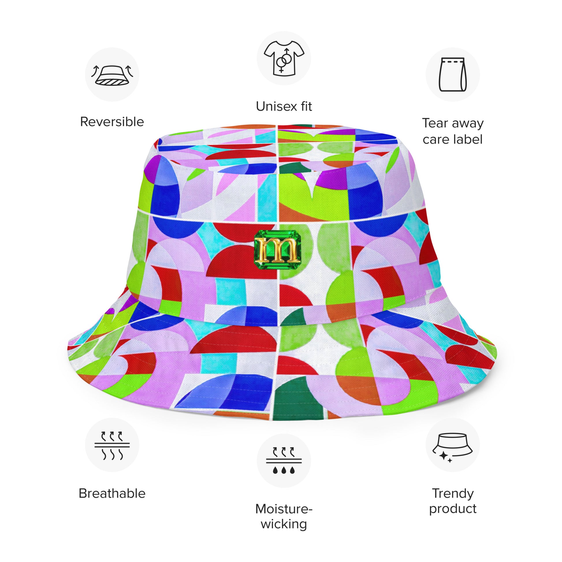 Colorful bucket hat with geometric pattern on a white background. Reversible and breathable.
