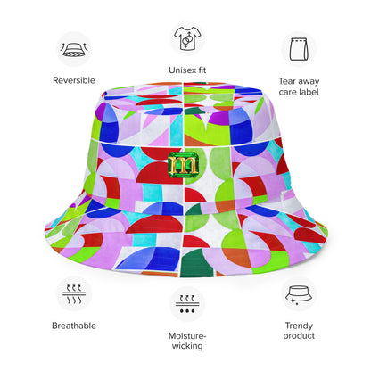 Colorful bucket hat with geometric pattern on a white background. Reversible and breathable.