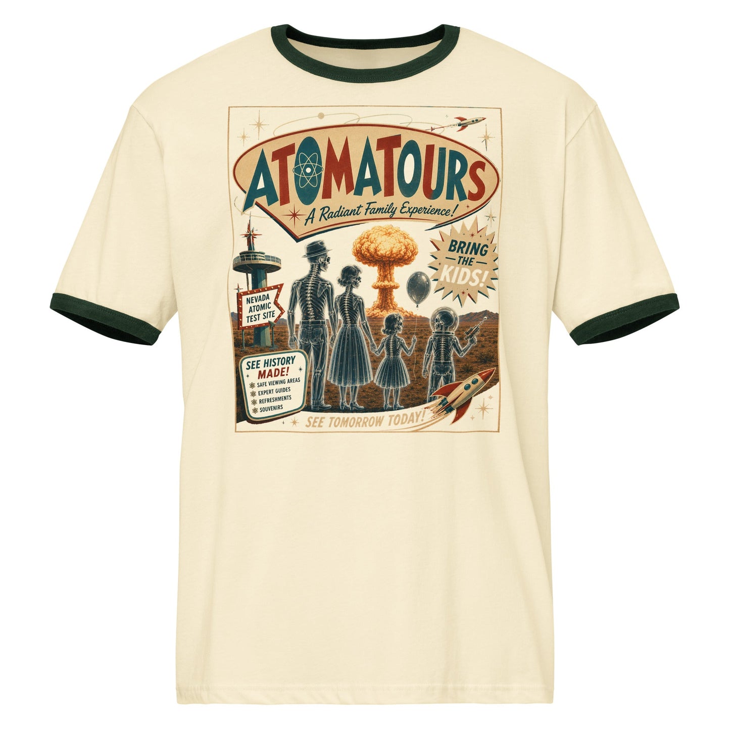 'Atomatours' Unisex ringer t-shirt - 1950's Atomic Bomb Test Tours - rubberchicken.studio