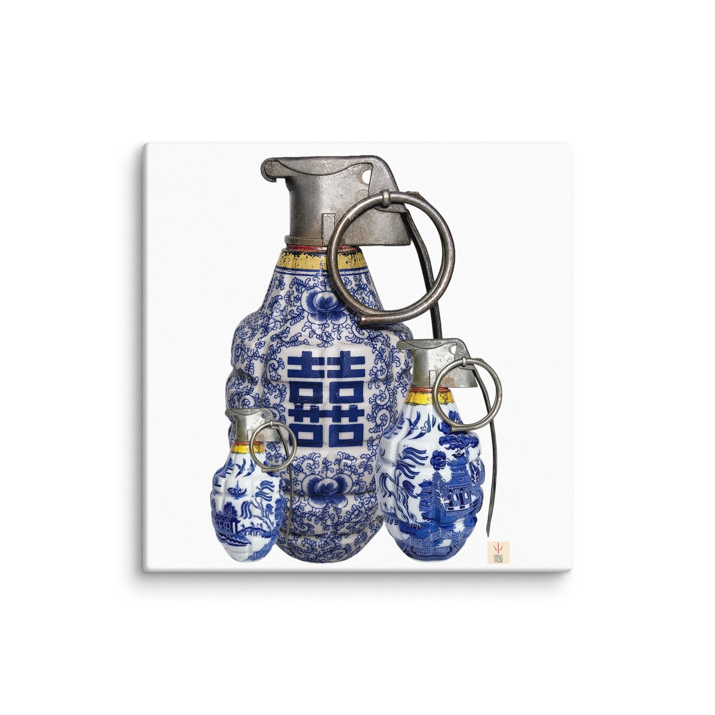 A square canvas print featuring a creative parody illustration of three hand grenades styled as blue and white porcelain celadon ceramic vessels, decorated with Chinese double happiness symbols and traditional floral patterns.
