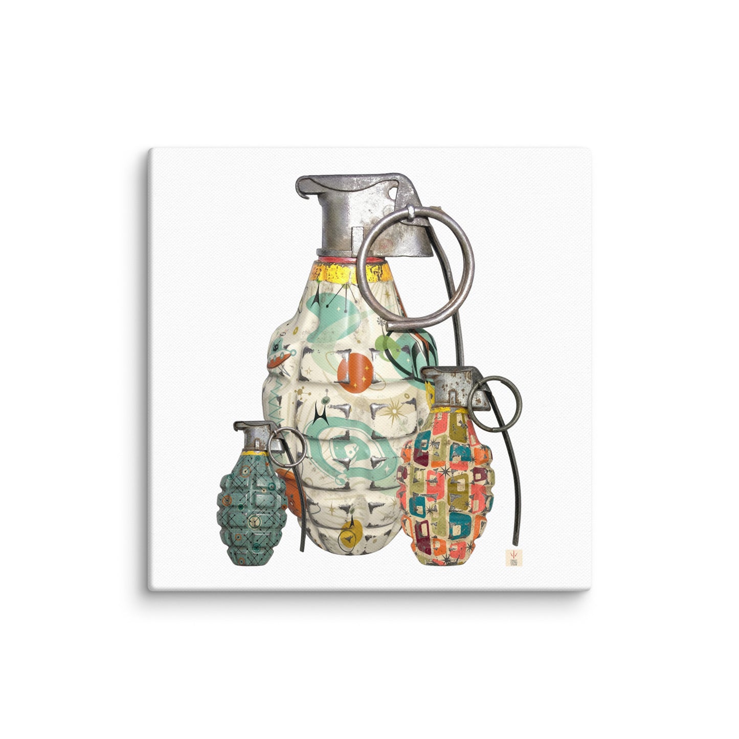 A colorful graphic illustration of three hand grenades with mid-century wallpaper designs on them on a white background.