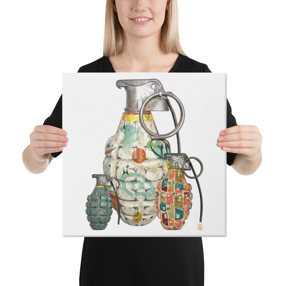 A square canvas wall art print featuring a stylized illustration of three hand grenades with colorful mid-century patterns, shown being held by a woman in a black tree.