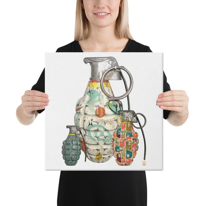 A square canvas wall art print featuring a stylized illustration of three hand grenades with colorful mid-century patterns, shown being held by a woman in a black tree.
