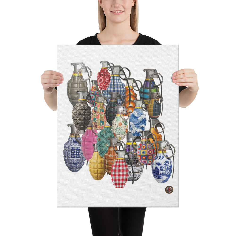 A woman holds up a square canvas print featuring an illustration of multiple colorful hand grenades with traditional patterns, set against a plain white background.