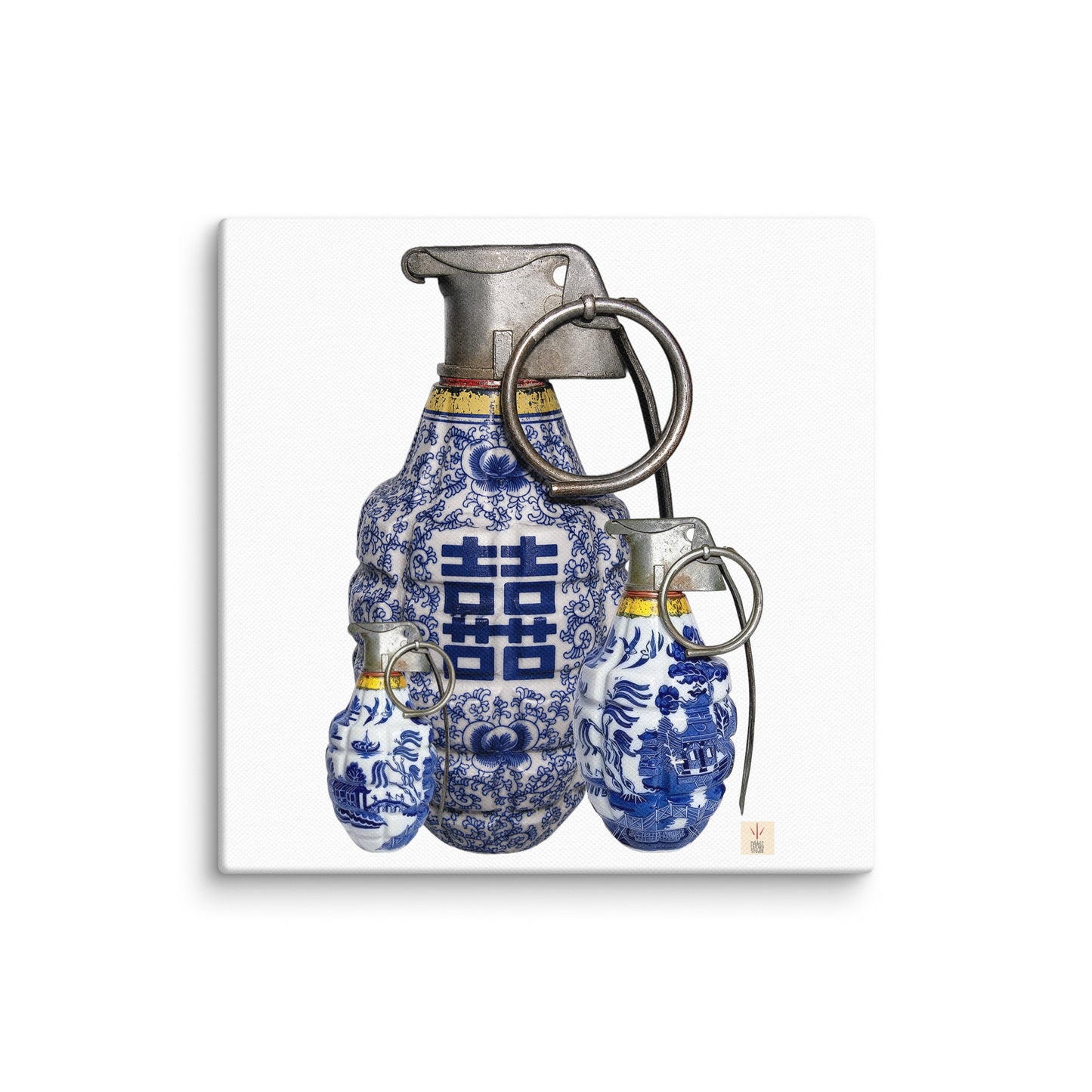 A square canvas print featuring three hand grenades styled like blue and white porcelain teacups with traditional Chinese double happiness symbols, displayed against a clean white background.