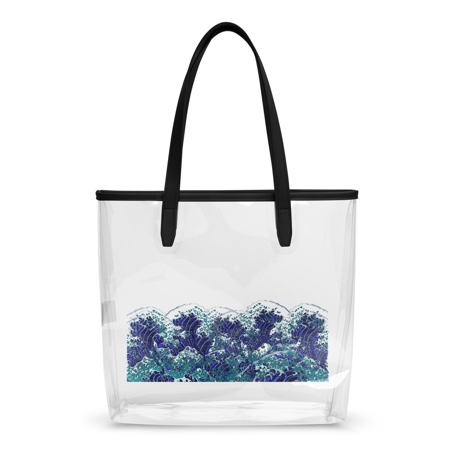 A clear plastic beach tote bag with black shoulder straps and a black top trim, featuring a blue and white wave print on the lower half, shown against a plain white background.