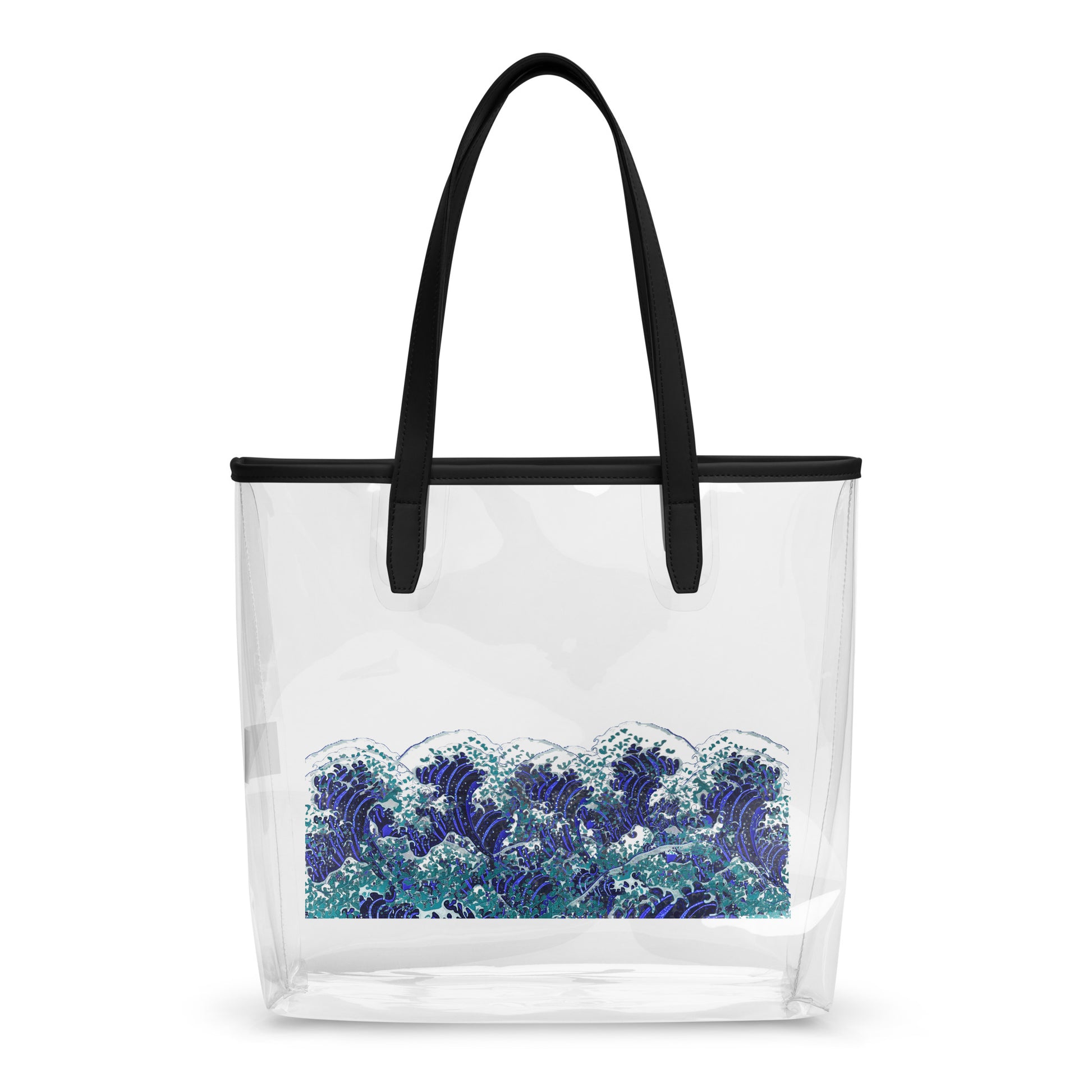 A clear plastic beach tote bag with black shoulder straps and a black top trim, featuring a blue and white wave print on the lower half, shown against a plain white background.