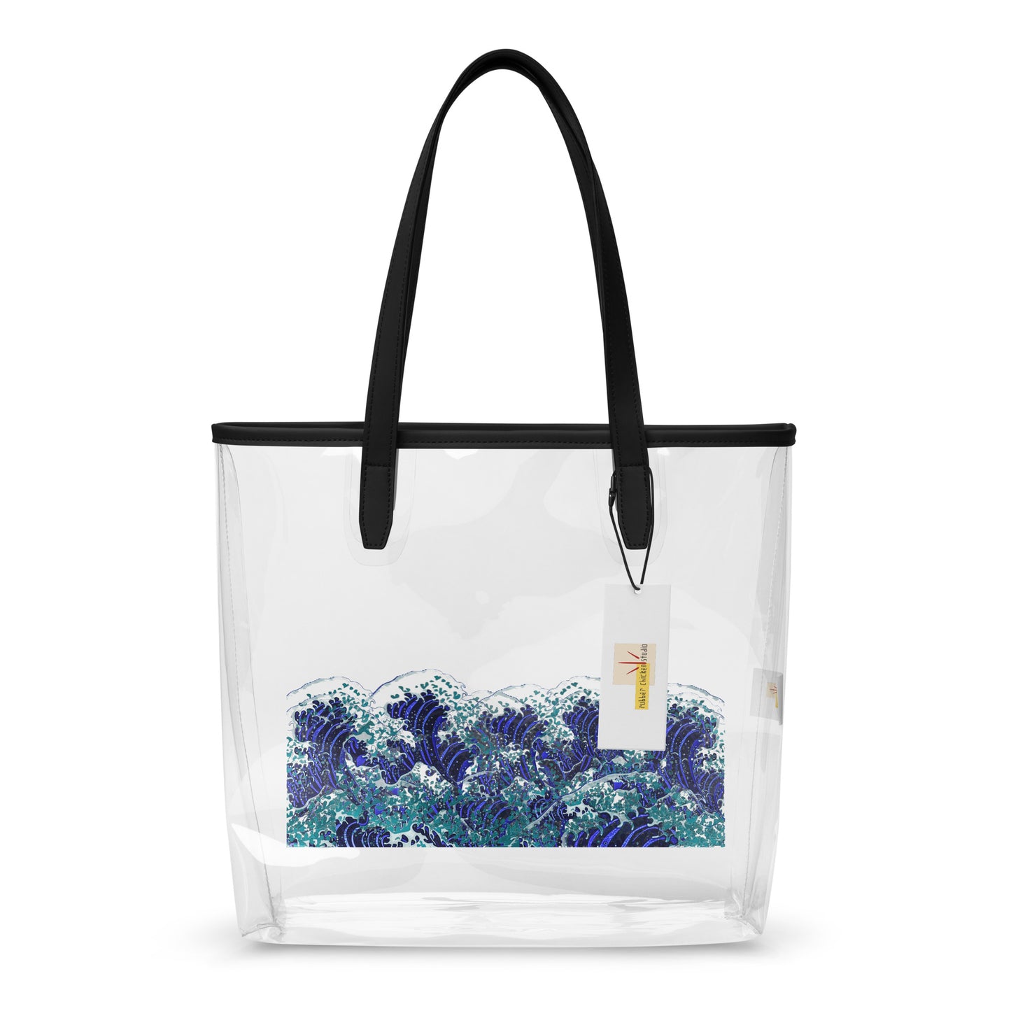 Clear plastic tote bag with black handles and trim, featuring a blue and white wave print on the lower half, shown on a white background.