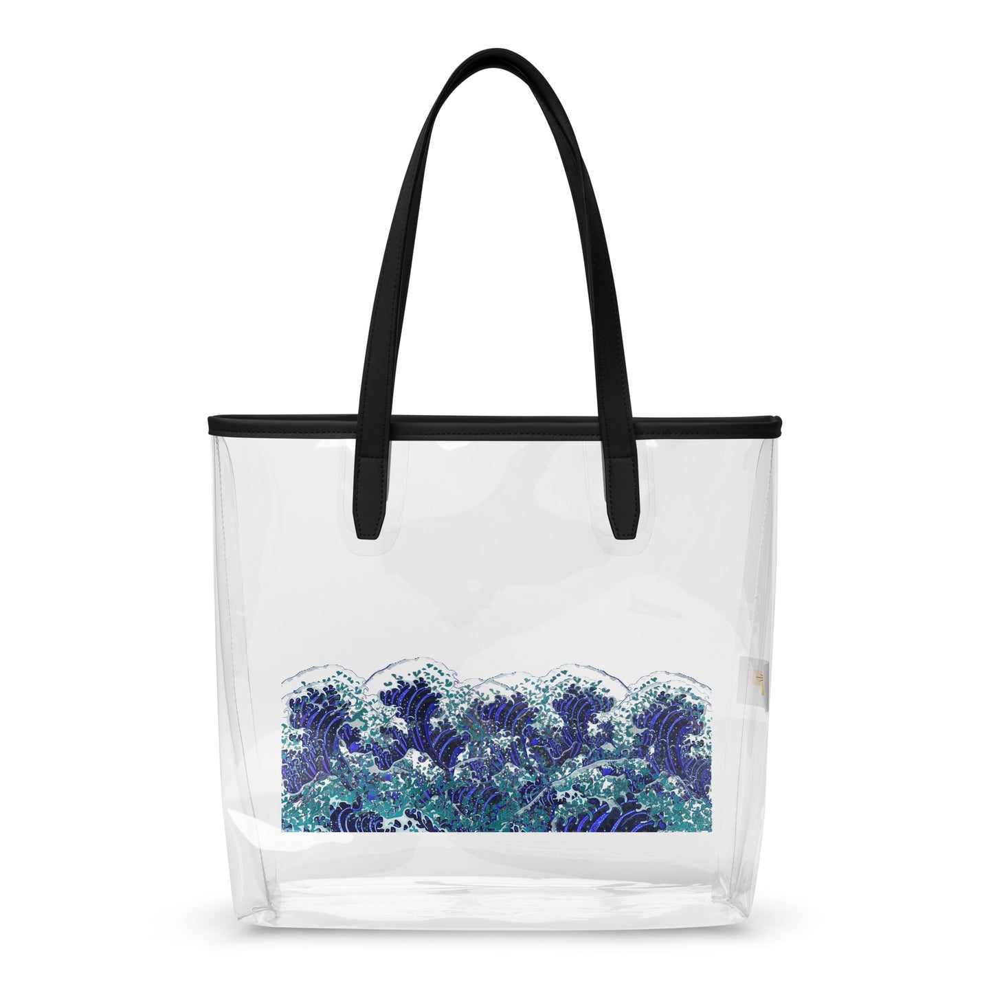 A clear plastic tote bag with black handles and a black top trim, featuring a blue and white wave graphic printed near the bottom, shown on a plain white background.