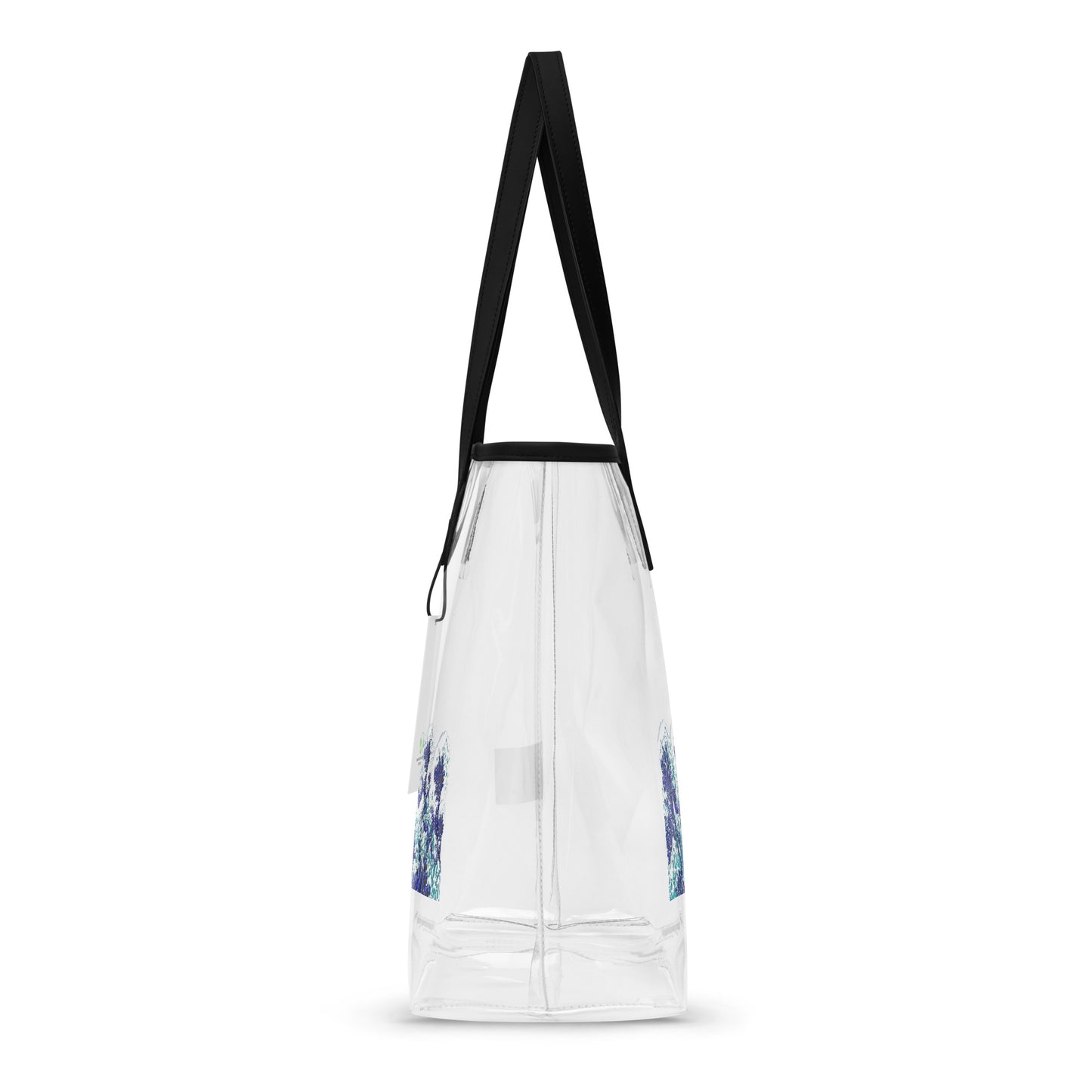 A clear plastic tote bag with a black shoulder strap and blue patterned accents near the base, shown against a plain white background.