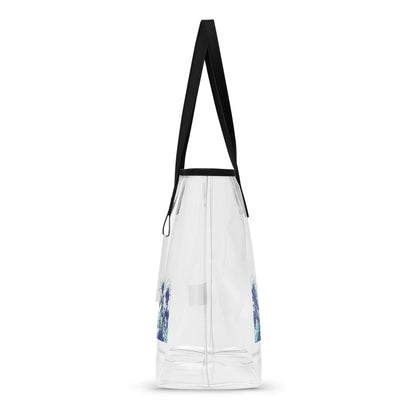 A clear plastic tote bag with a black shoulder strap and blue patterned accents near the base, shown against a plain white background.
