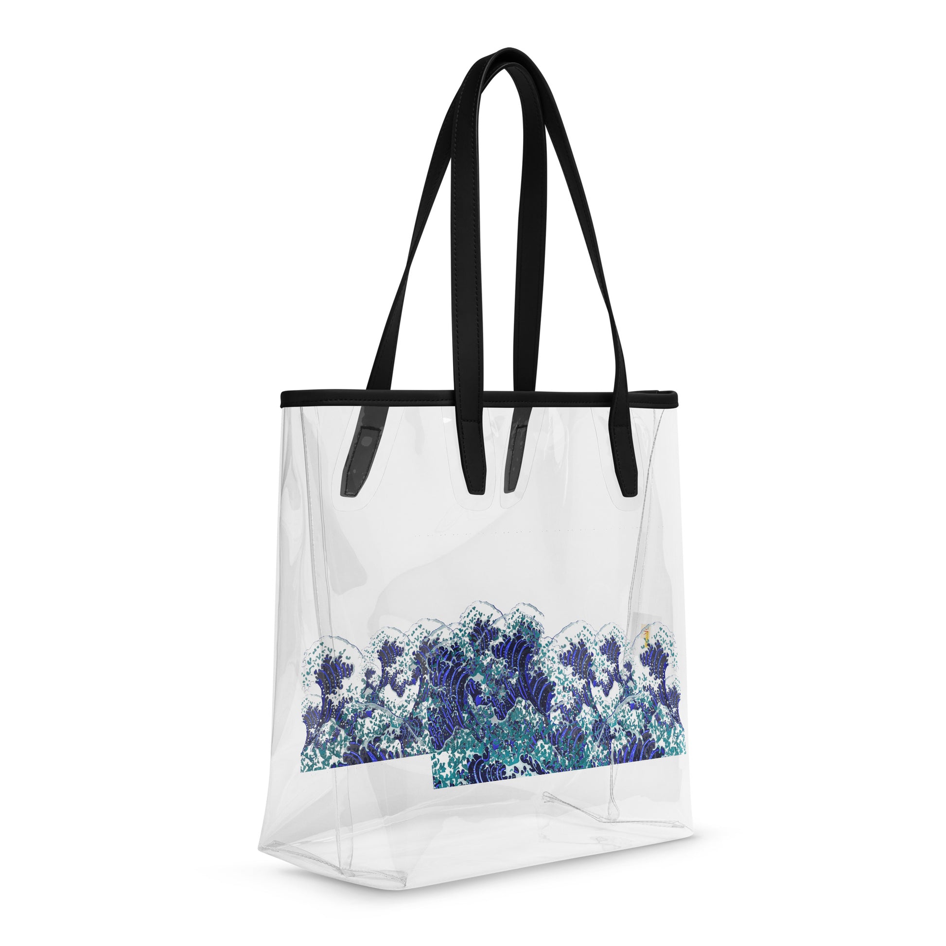 A clear plastic tote bag with black shoulder straps and a blue and white wave pattern near the bottom, shown on a white background.