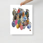 A hand holds a white art print featuring a collection of colorful, patterned hand grenades on a light gray background.