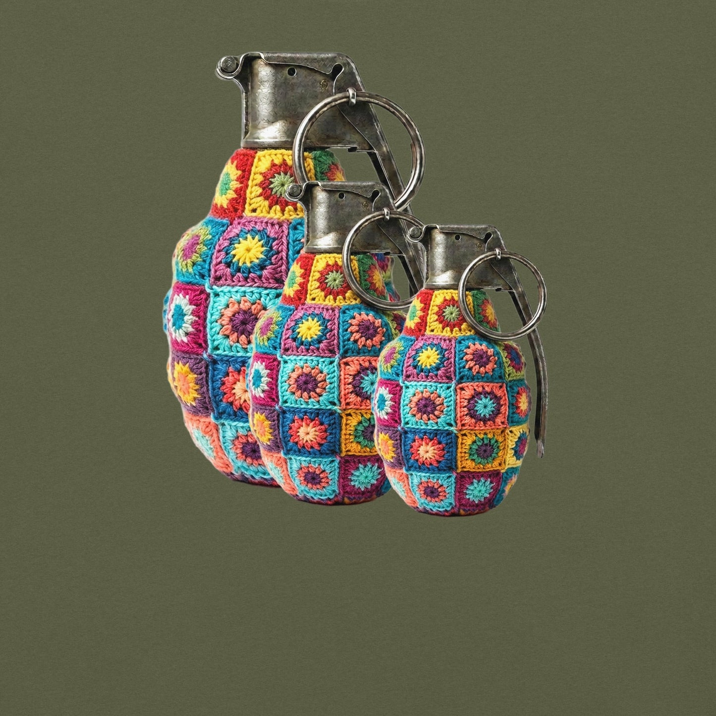 Granny Squares Grenades Trio T-Shirt - rubberchicken.studio