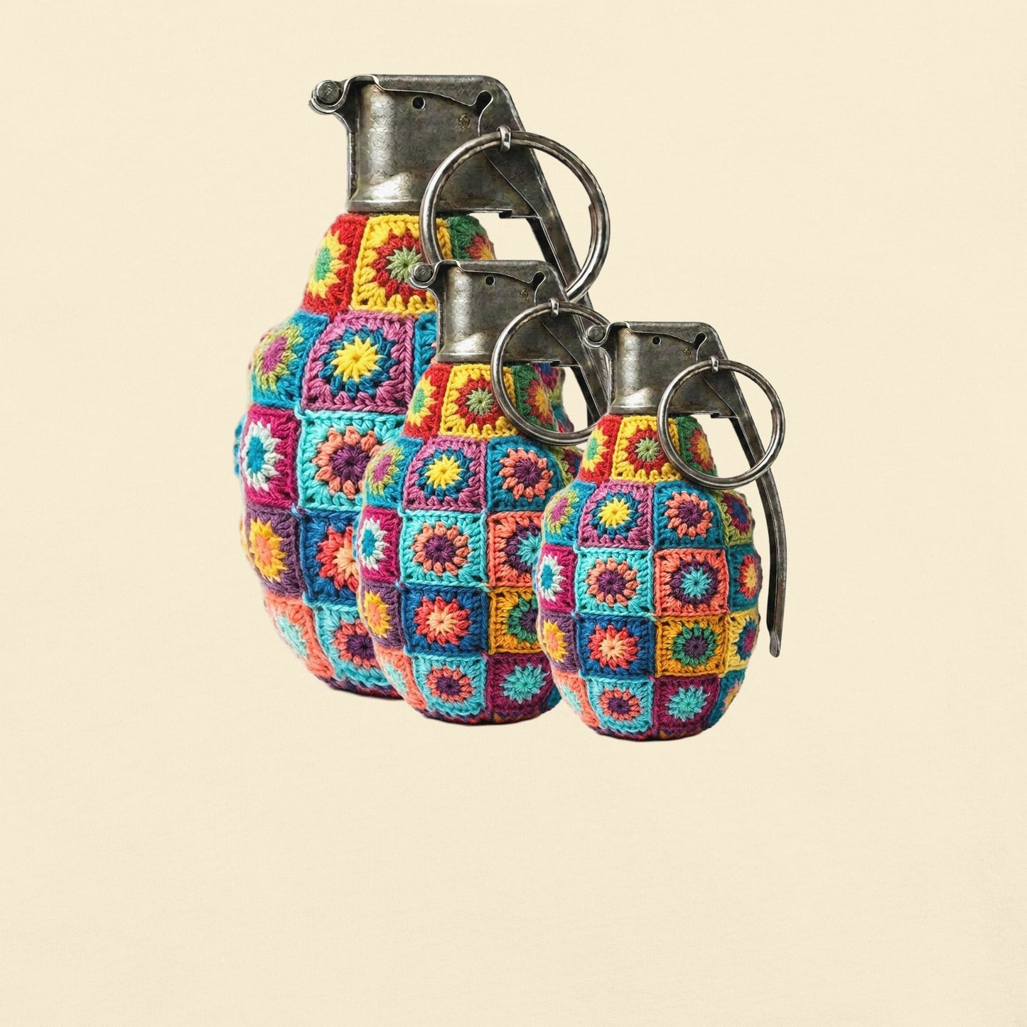 Granny Squares Grenades Trio T-Shirt - rubberchicken.studio