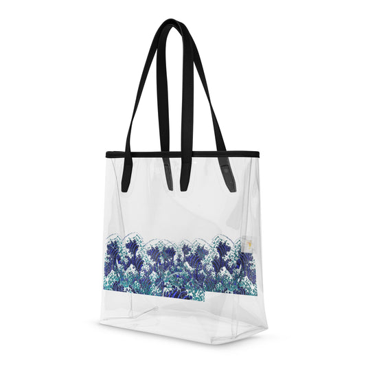 Hebrides A strong, chic double handled transparent tote with a white foamy blue, green stormy sea scene on both sides. Waterproof.