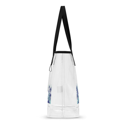 A clear plastic tote bag with a black shoulder strap and blue patterned accents near the base, shown against a plain white background.