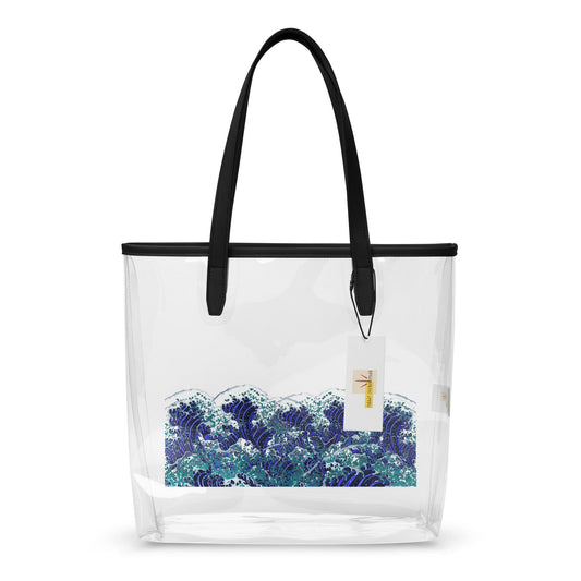 Hebrides A strong, chic double handled transparent tote with a white foamy blue, green stormy sea scene on both sides. Waterproof.