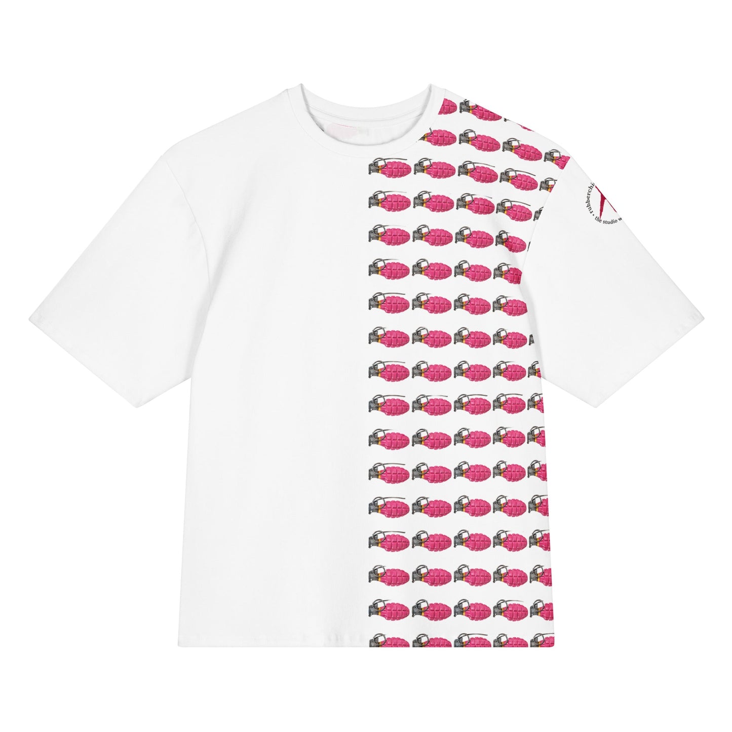 Oversized 50/50 Print Bubblegum Pink Grenades T-Shirt - rubberchicken.studio