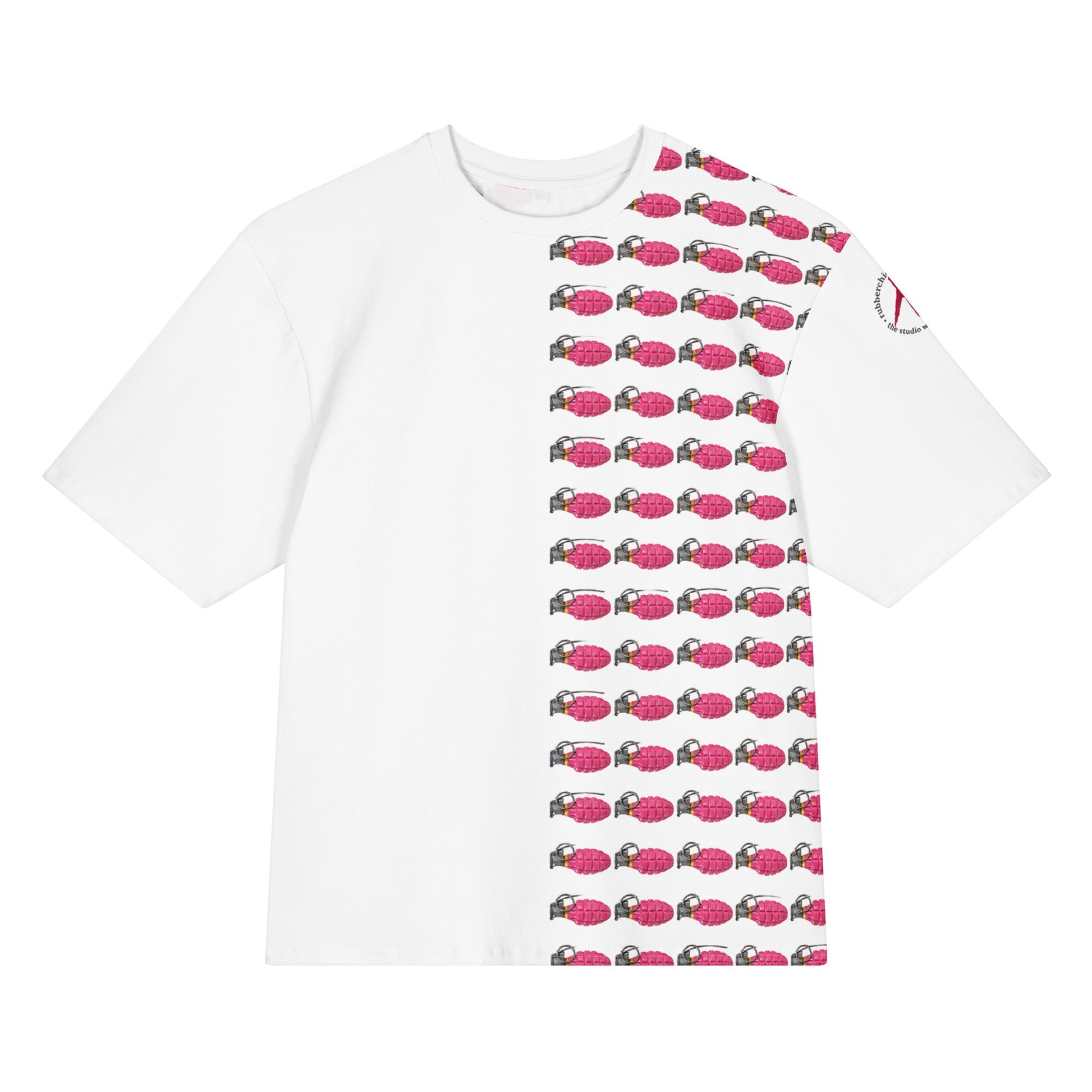 Oversized 50/50 Print Bubblegum Pink Grenades T-Shirt - rubberchicken.studio