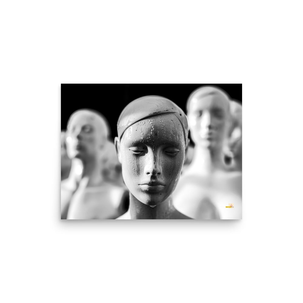 Original black and white photograph of a mannequin looking as though she is crying as the frost melts on her face.