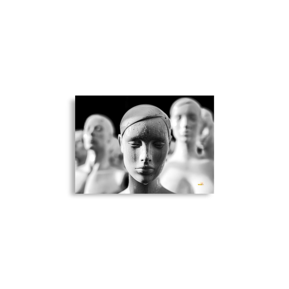 Original black and white photograph of a mannequin looking as though she is crying as the frost melts on her face.